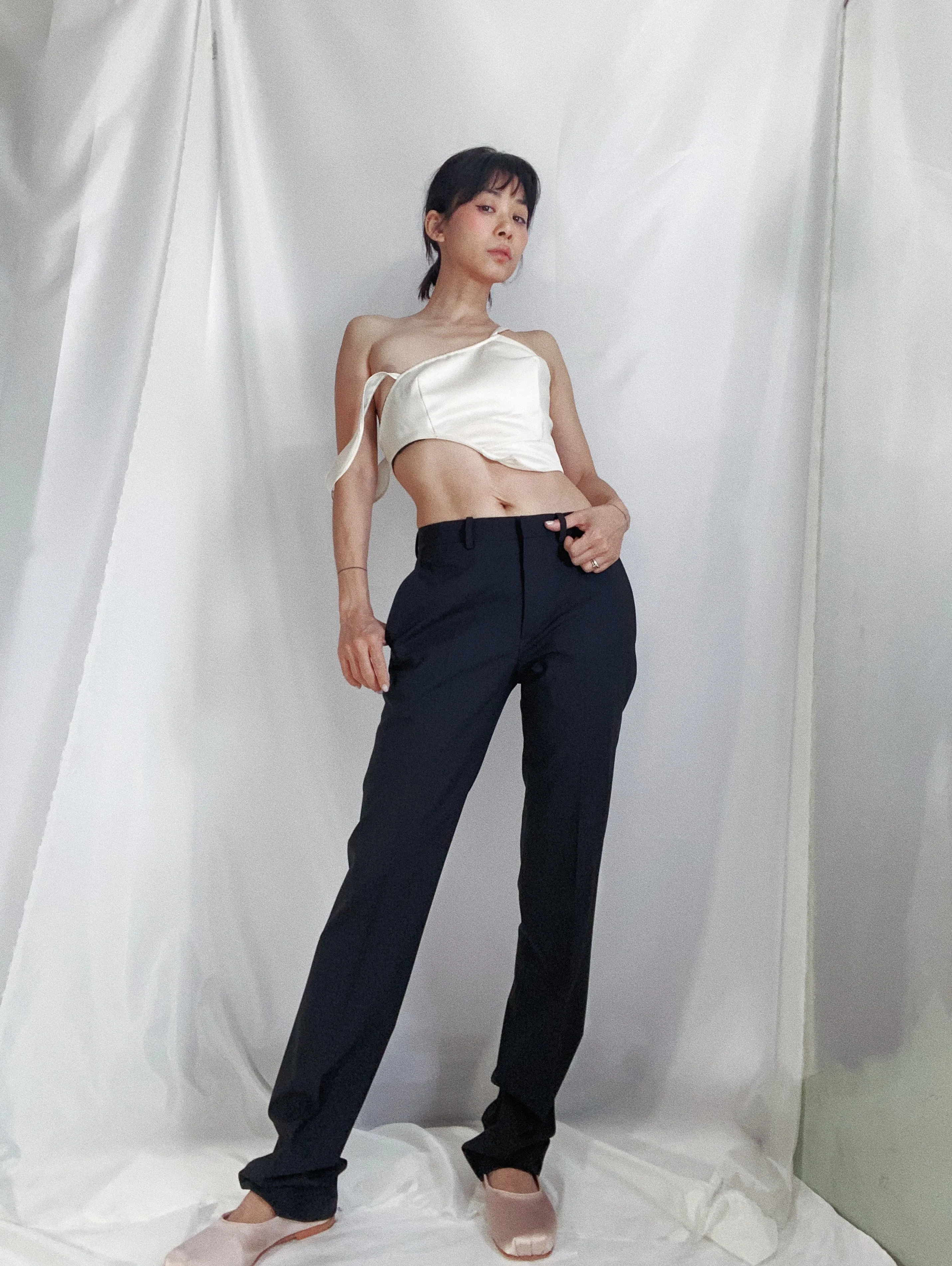 Asymmetrical Crop Top in White Sateen