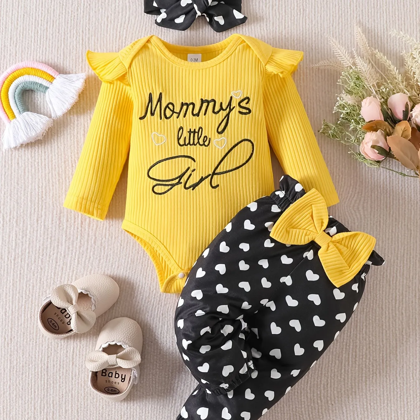Baby Toddler Girls Cotton Long-Sleeve Bodysuits Romper   Heart Pattern Pants   Headband Outfit Sets Baby Clothes