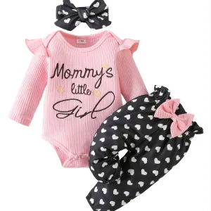 Baby Toddler Girls Cotton Long-Sleeve Bodysuits Romper   Heart Pattern Pants   Headband Outfit Sets Baby Clothes