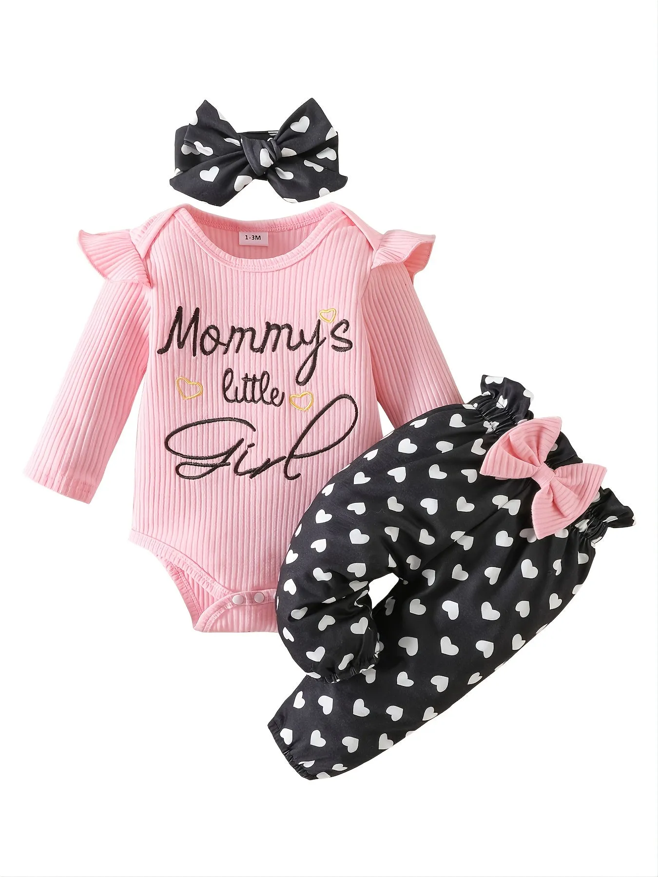 Baby Toddler Girls Cotton Long-Sleeve Bodysuits Romper   Heart Pattern Pants   Headband Outfit Sets Baby Clothes