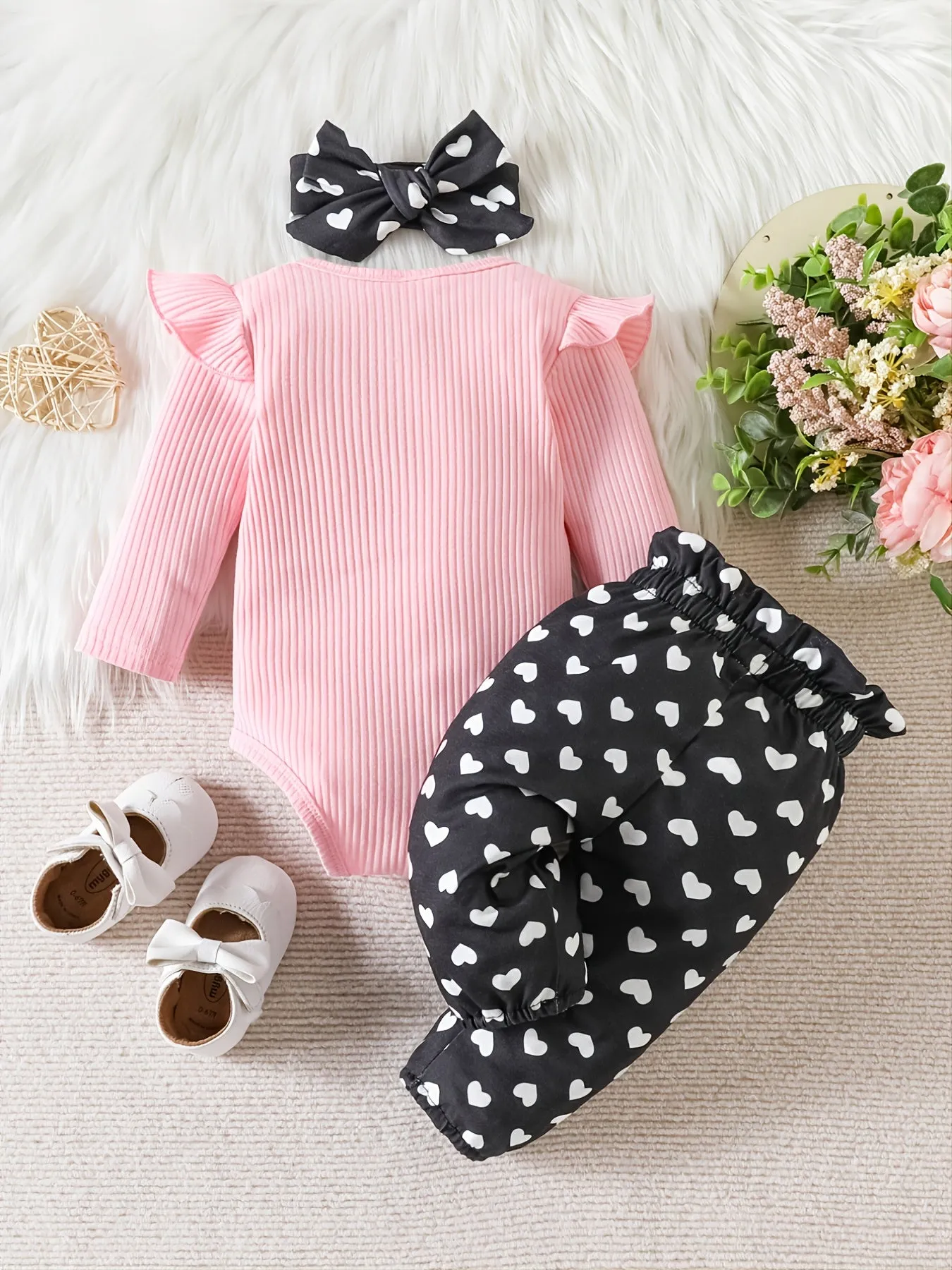 Baby Toddler Girls Cotton Long-Sleeve Bodysuits Romper   Heart Pattern Pants   Headband Outfit Sets Baby Clothes