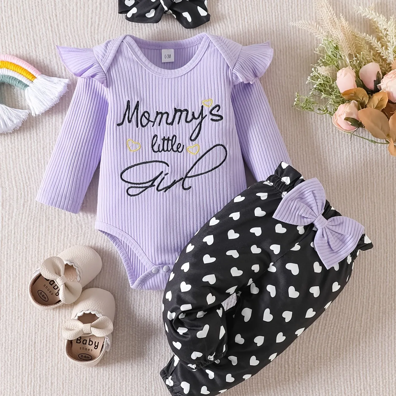 Baby Toddler Girls Cotton Long-Sleeve Bodysuits Romper   Heart Pattern Pants   Headband Outfit Sets Baby Clothes