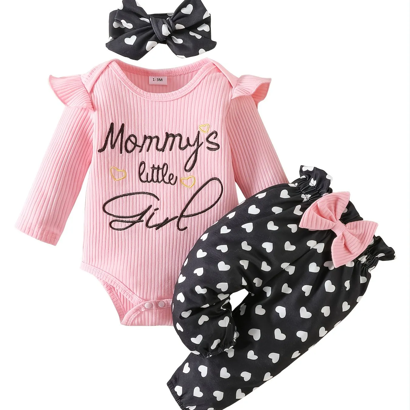 Baby Toddler Girls Cotton Long-Sleeve Bodysuits Romper   Heart Pattern Pants   Headband Outfit Sets Baby Clothes