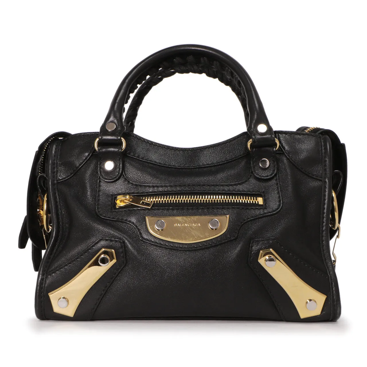 Balenciaga Black Calfskin Metal Plate Mini  City