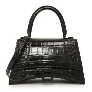 Balenciaga Black Monochrome Crocodile Embossed Calfskin Small Hourglass Top Handle Bag