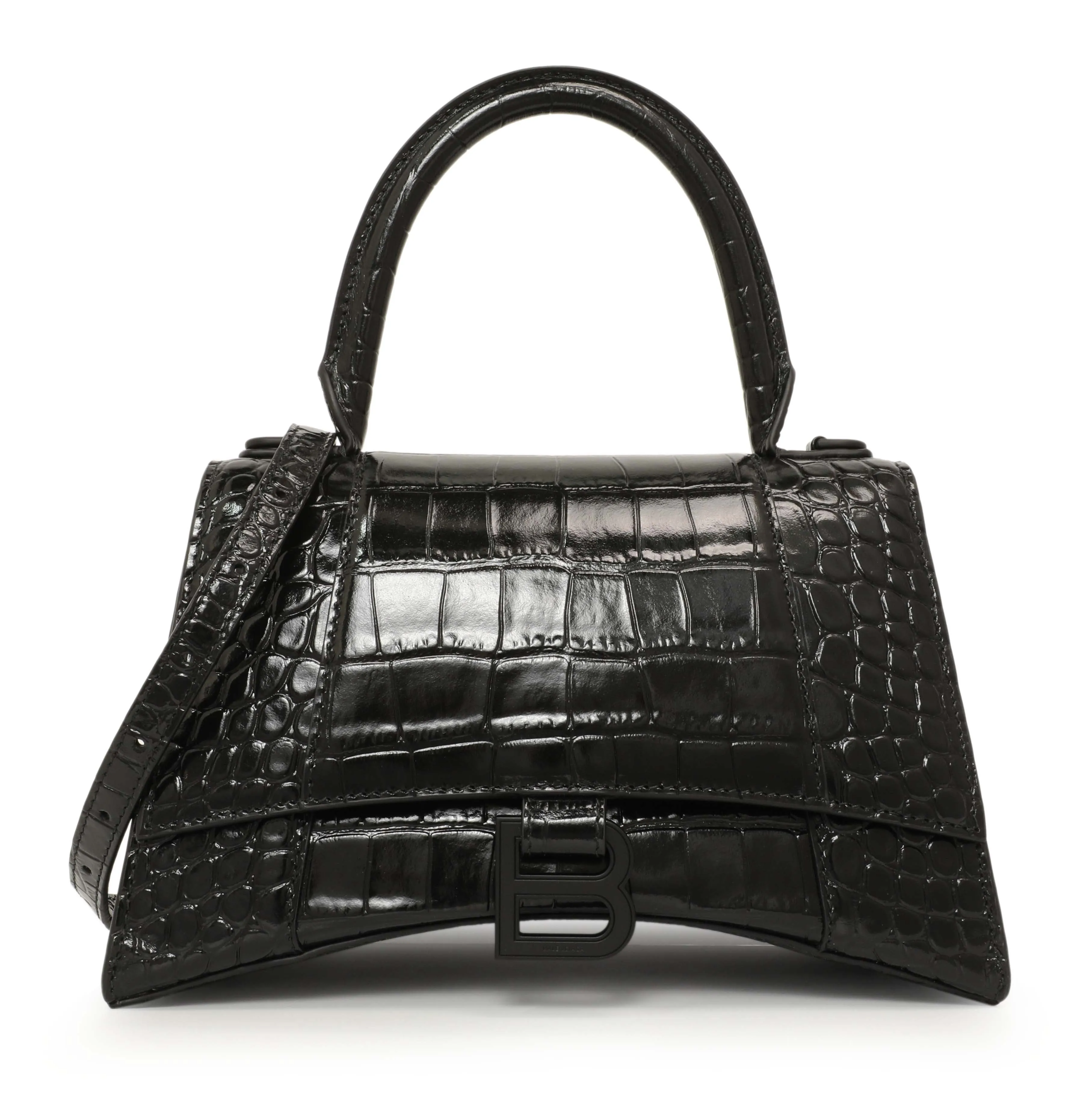 Balenciaga Black Monochrome Crocodile Embossed Calfskin Small Hourglass Top Handle Bag