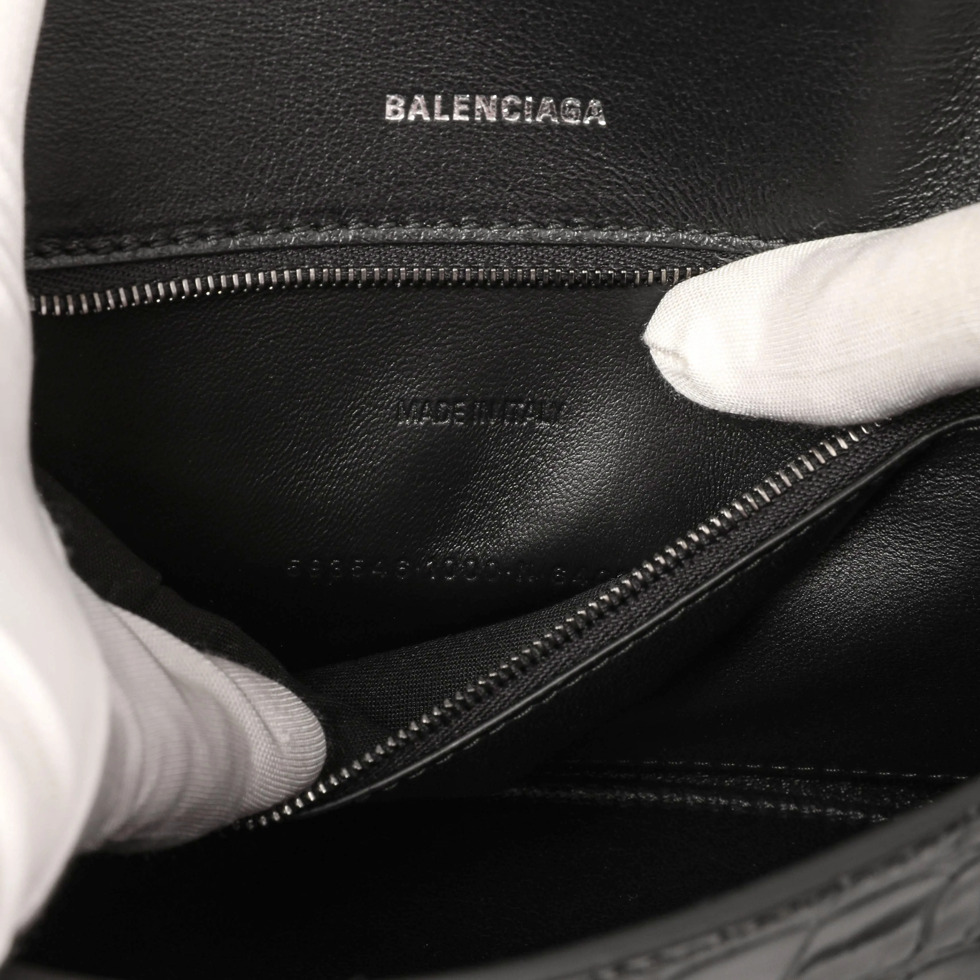 Balenciaga Black Monochrome Crocodile Embossed Calfskin Small Hourglass Top Handle Bag