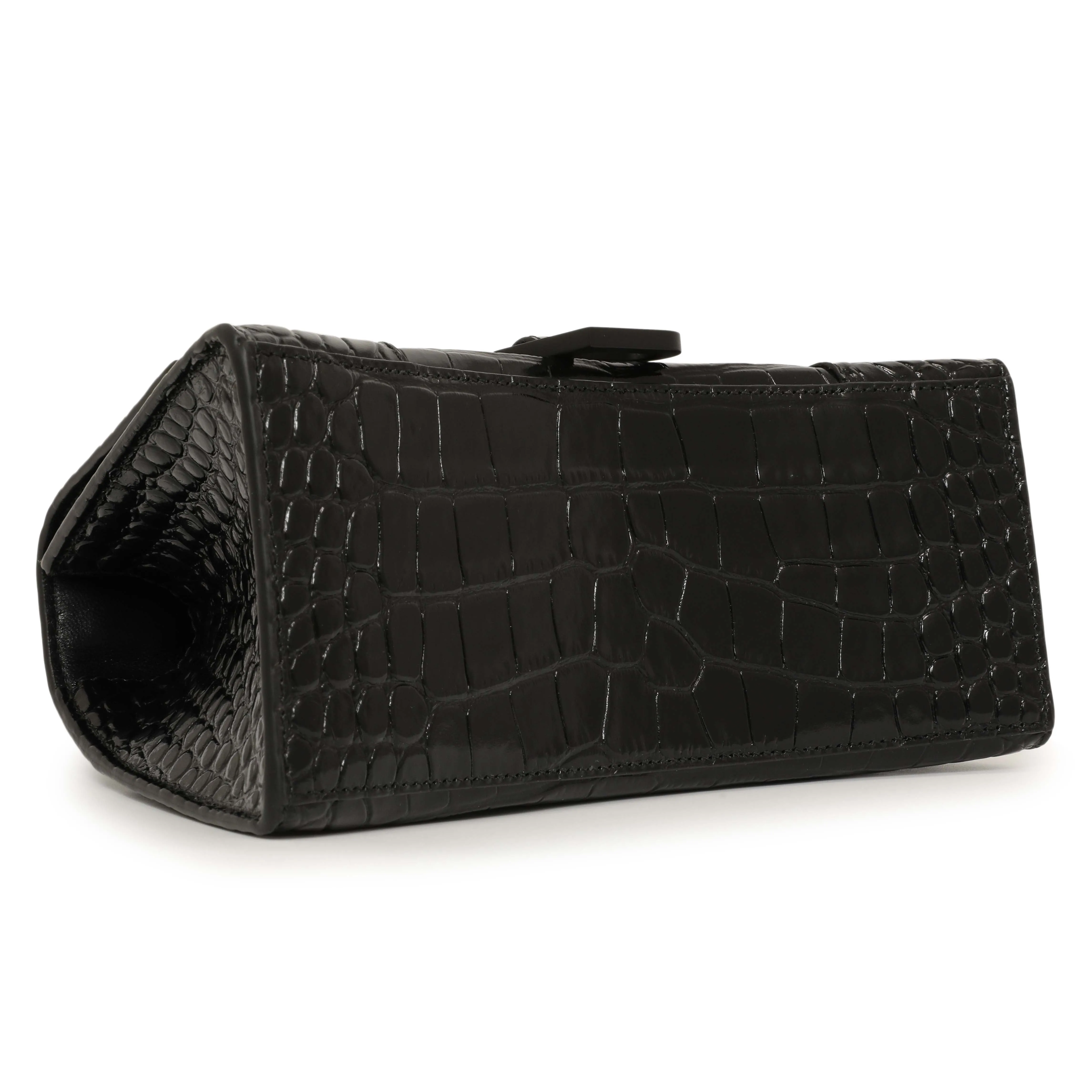 Balenciaga Black Monochrome Crocodile Embossed Calfskin Small Hourglass Top Handle Bag