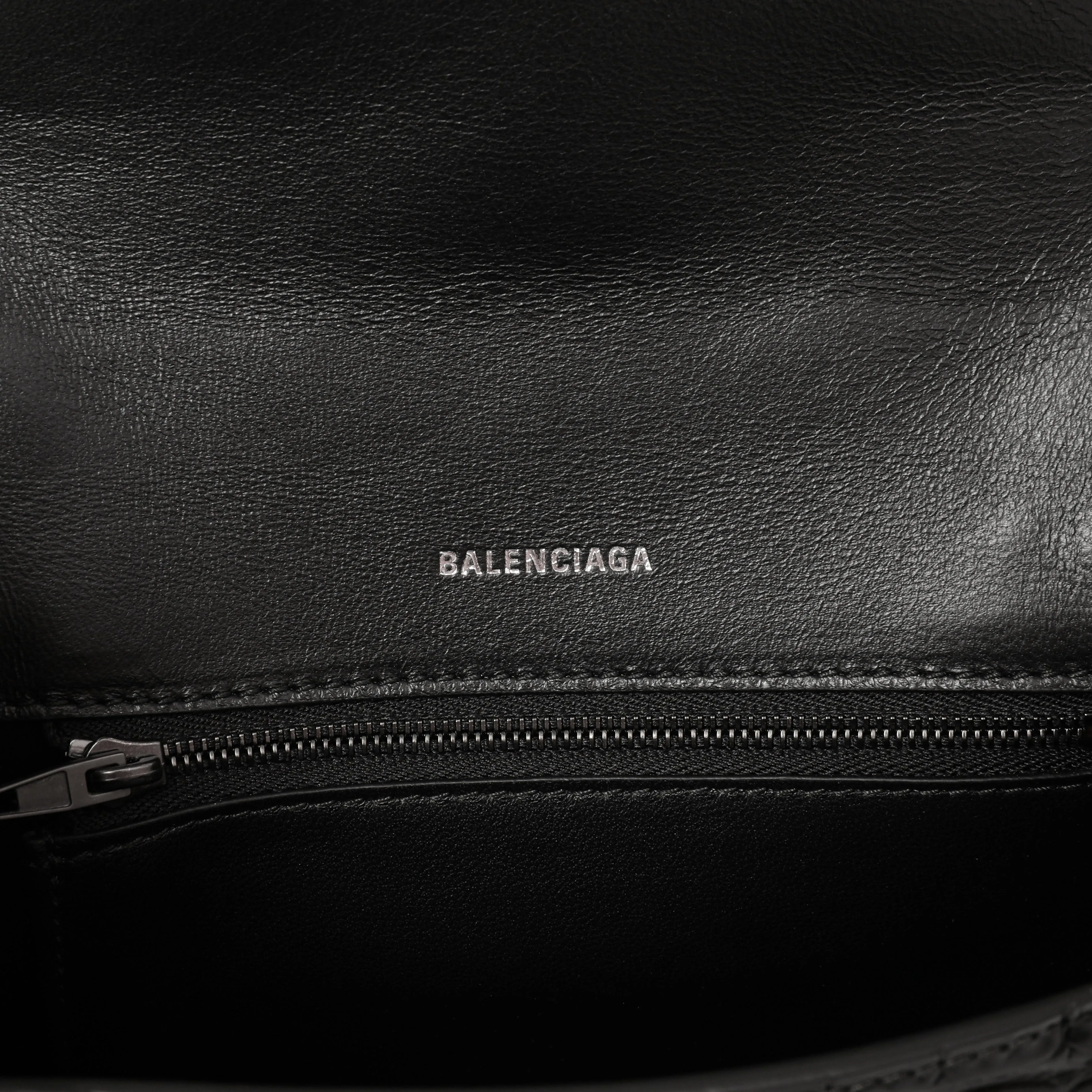 Balenciaga Black Monochrome Crocodile Embossed Calfskin Small Hourglass Top Handle Bag