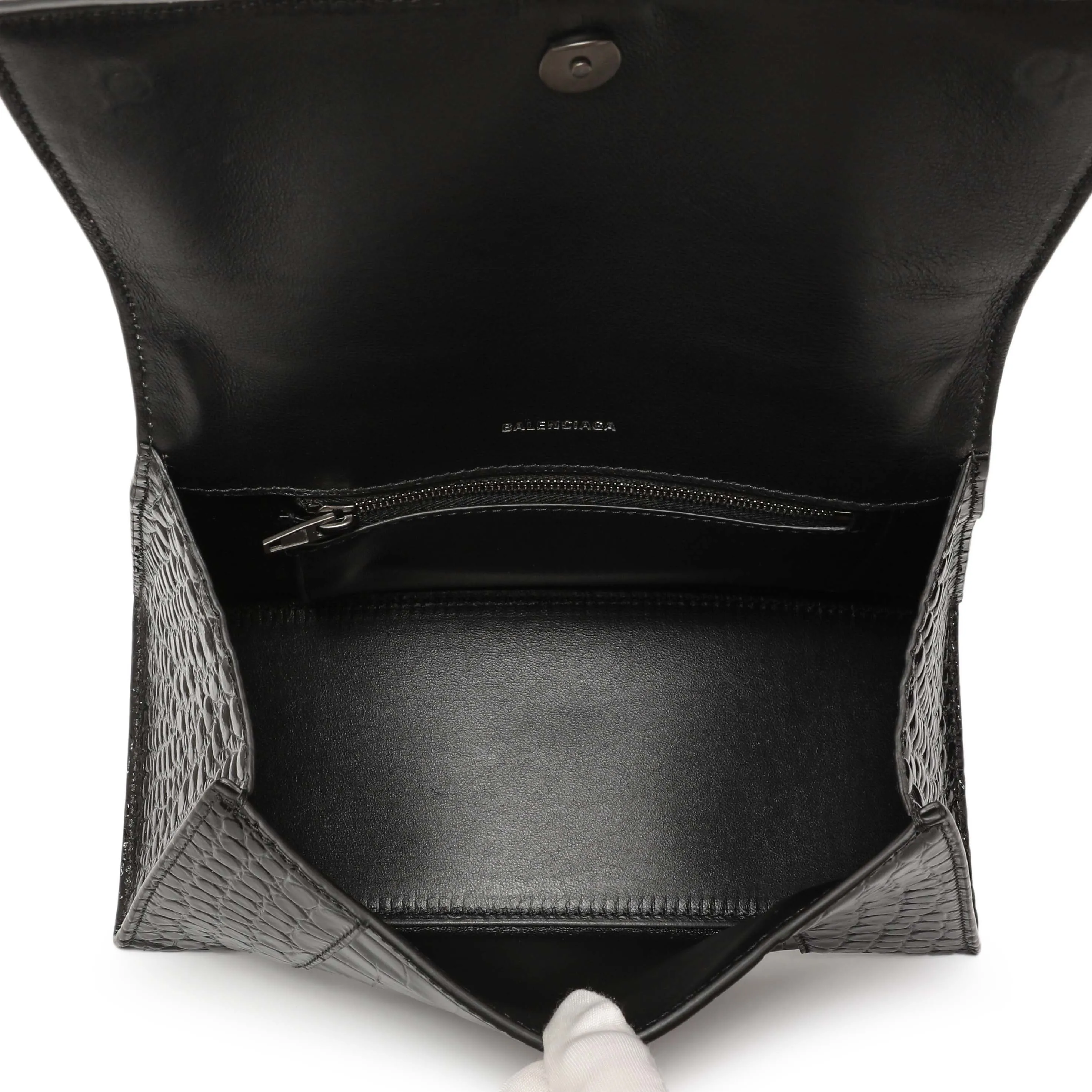 Balenciaga Black Monochrome Crocodile Embossed Calfskin Small Hourglass Top Handle Bag