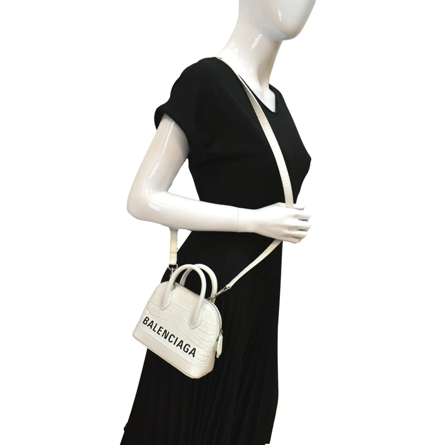 BALENCIAGA Ville Top Handle XXS Crocodile Leather Crossbody Bag White