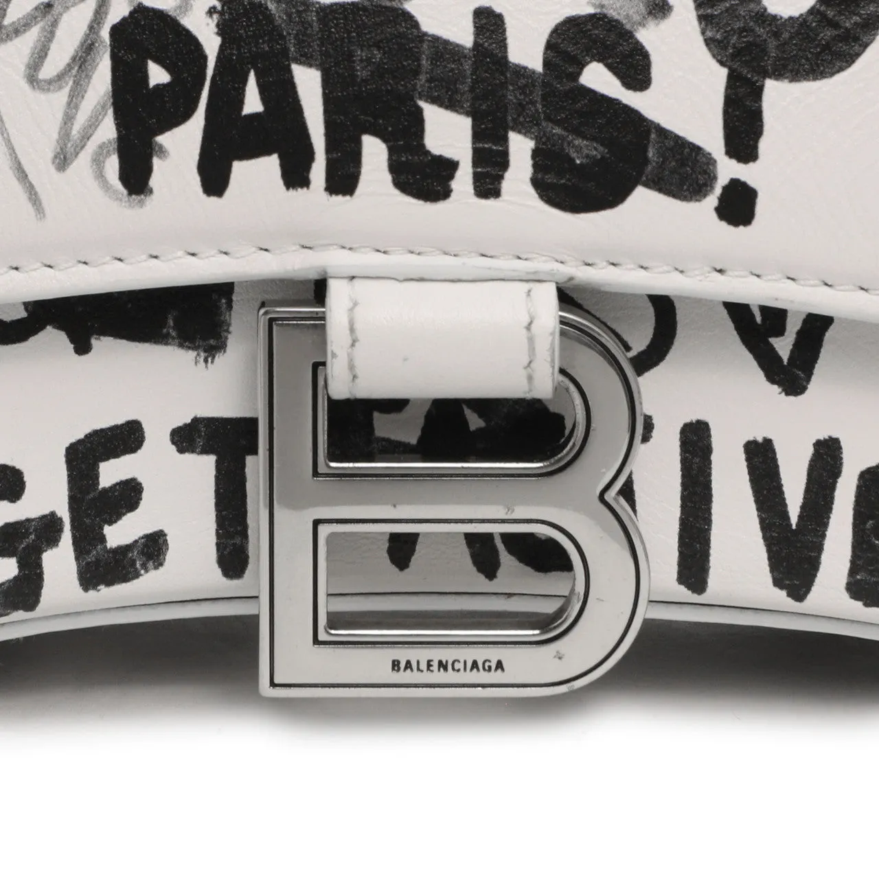 Balenciaga White Calfskin Graffiti Hourglass Top Handle Bag  XS