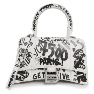 Balenciaga White Calfskin Graffiti Hourglass Top Handle Bag  XS