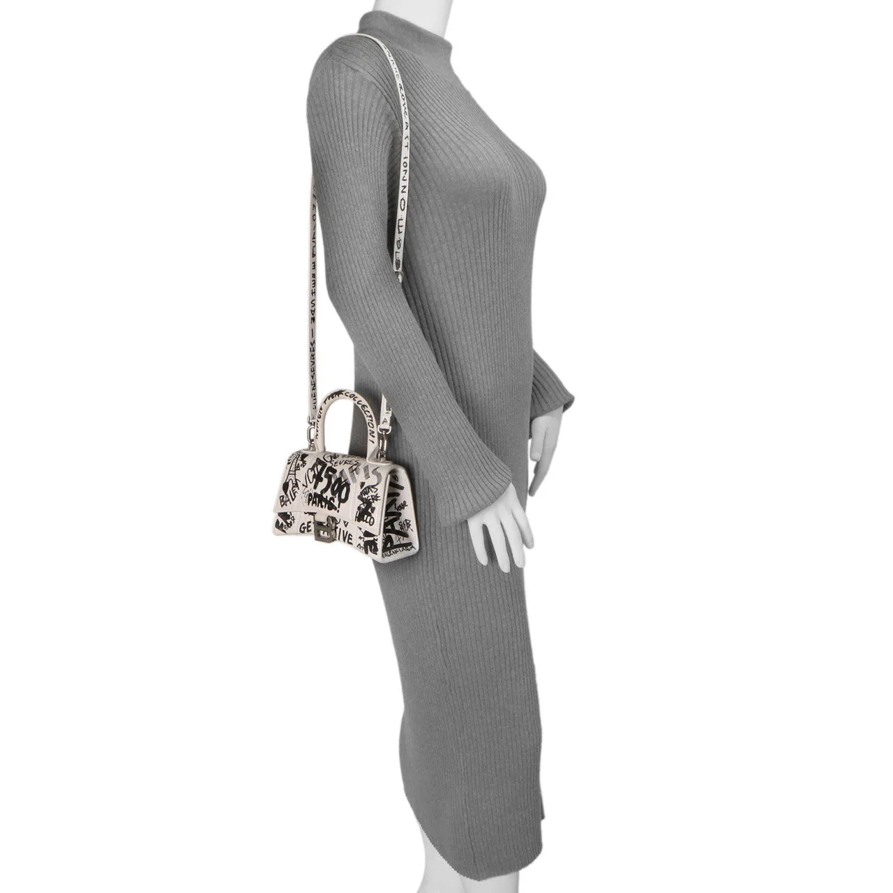 Balenciaga White Calfskin Graffiti Hourglass Top Handle Bag  XS