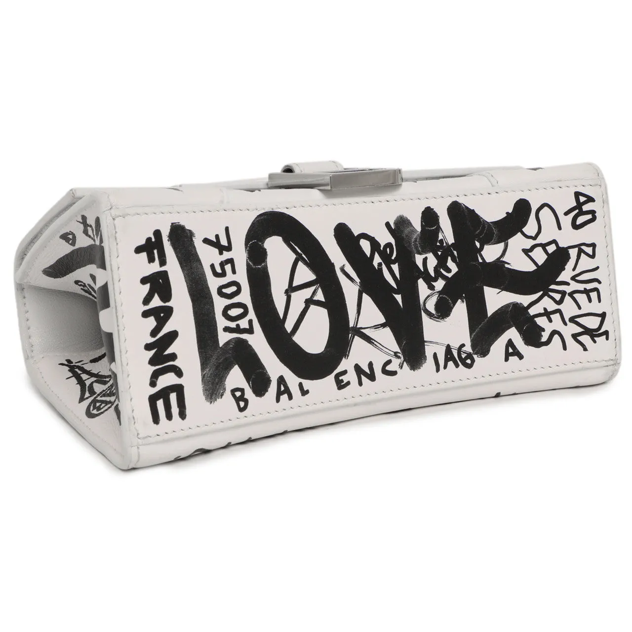 Balenciaga White Calfskin Graffiti Hourglass Top Handle Bag  XS