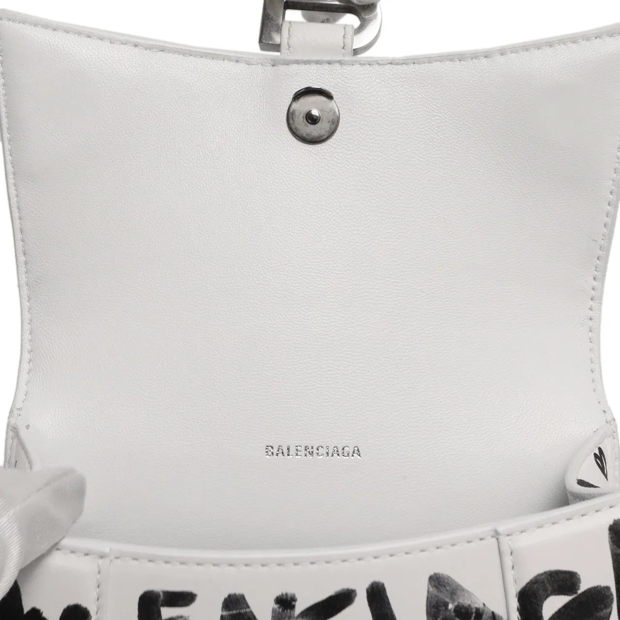 Balenciaga White Calfskin Graffiti Hourglass Top Handle Bag  XS