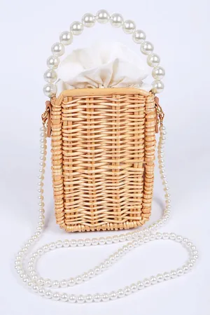 Bamboo Weaved Pearl Handle Swing Clutch Bag