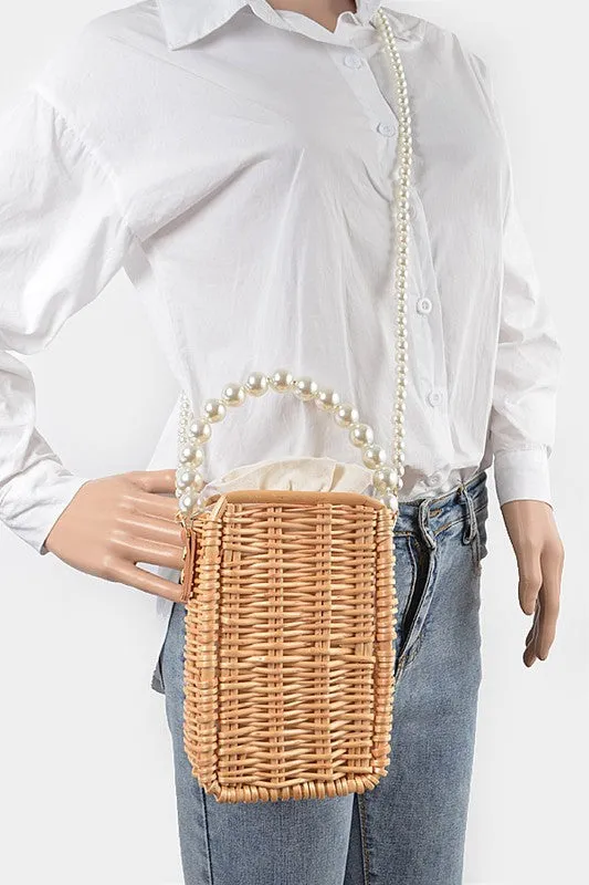 Bamboo Weaved Pearl Handle Swing Clutch Bag