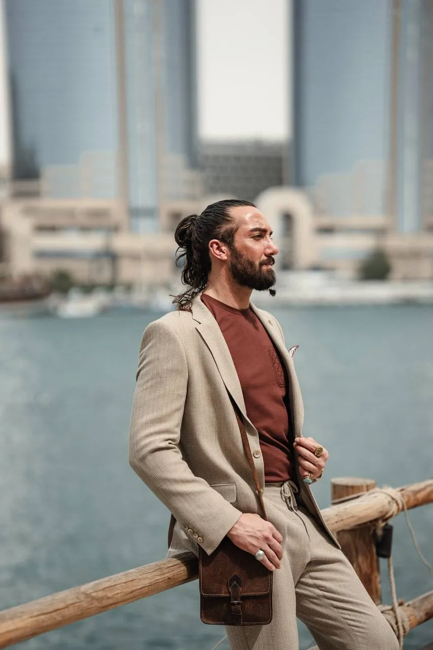BEIGE SELF-PATTERNED MONO COLLAR SUIT