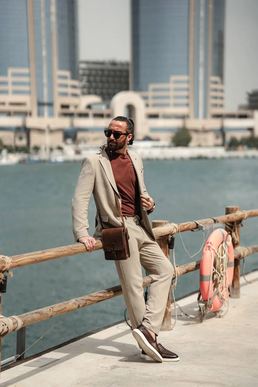 BEIGE SELF-PATTERNED MONO COLLAR SUIT