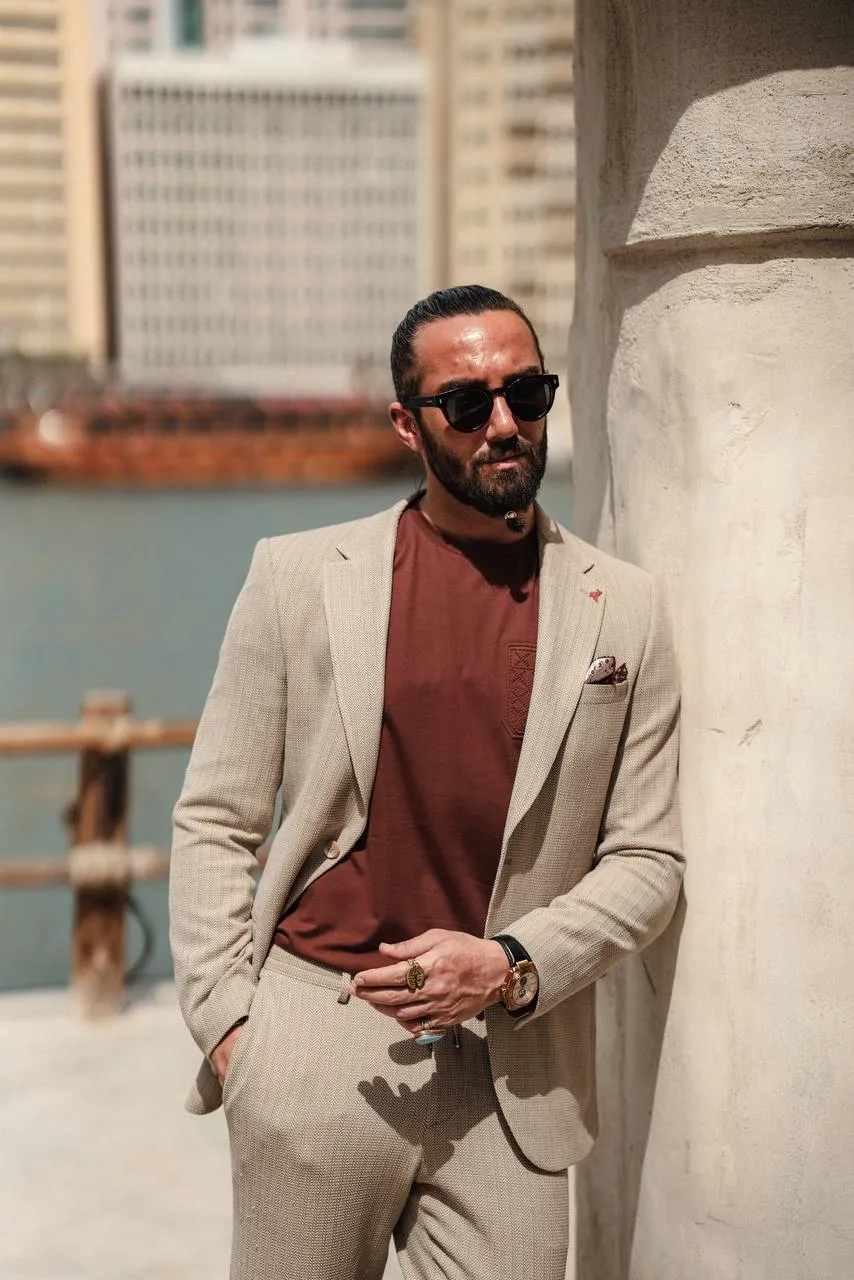BEIGE SELF-PATTERNED MONO COLLAR SUIT