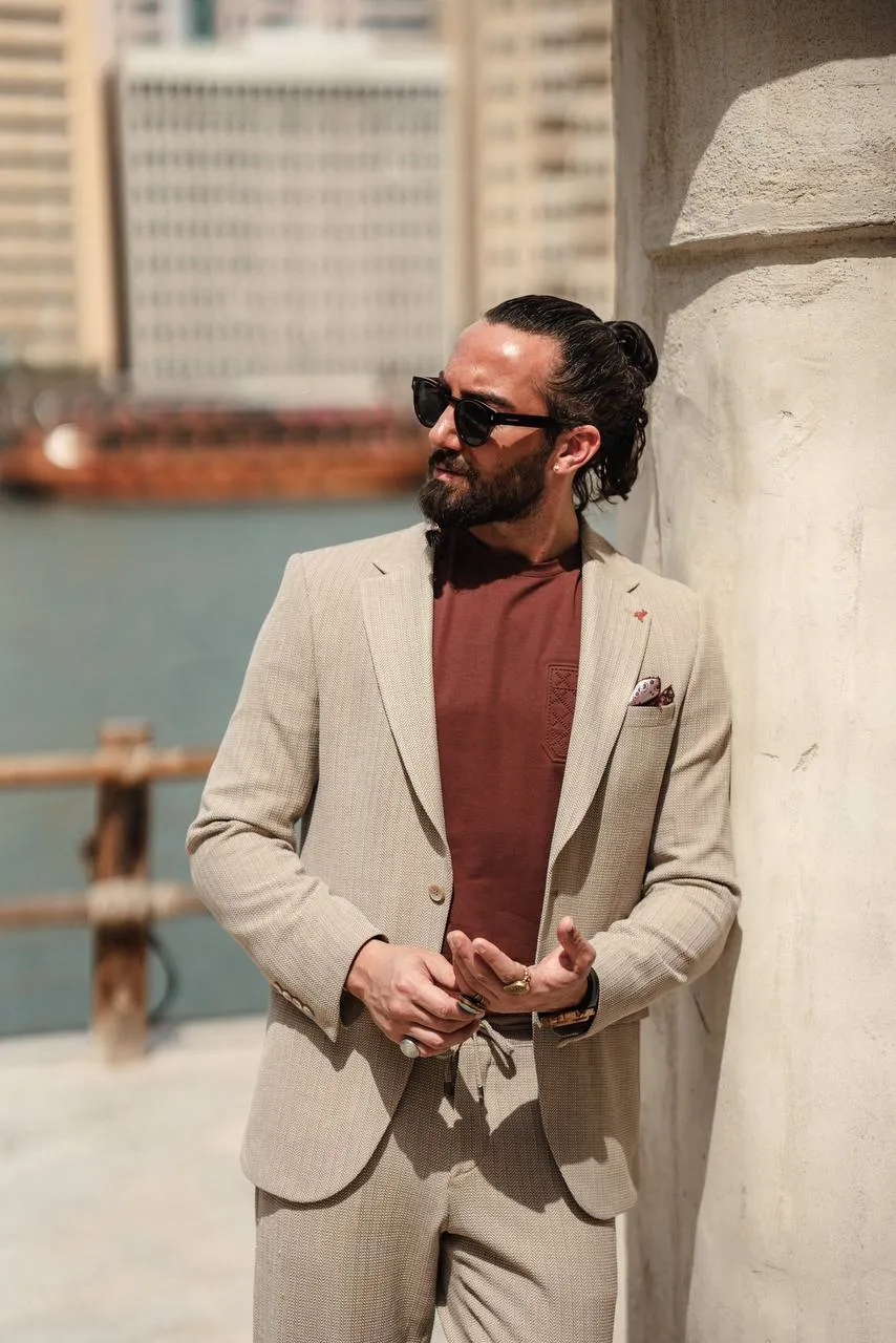 BEIGE SELF-PATTERNED MONO COLLAR SUIT