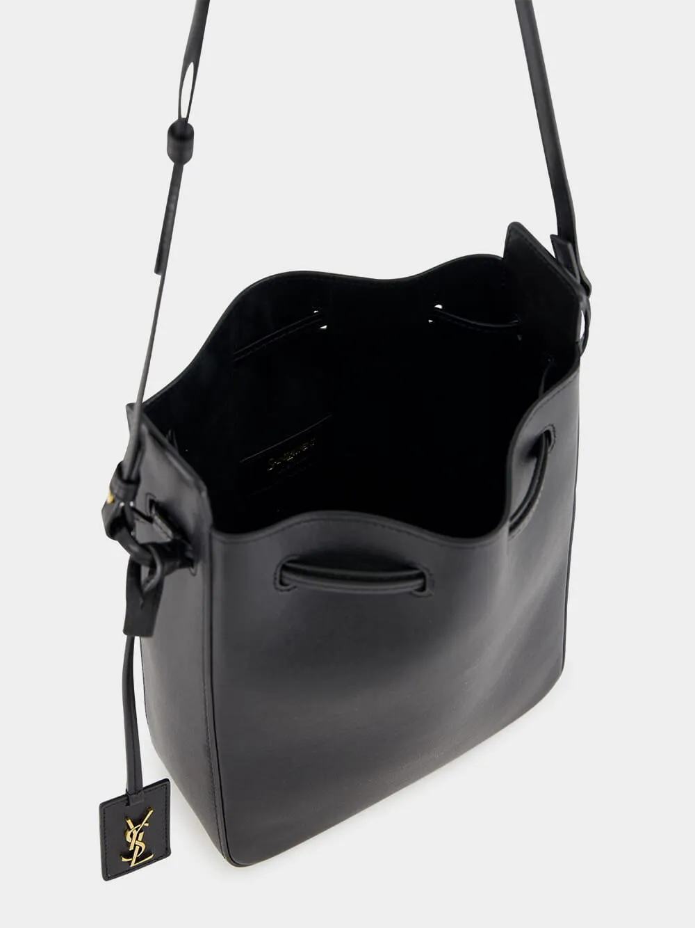 Black Leather Bucket Bag with Cassandre Charm