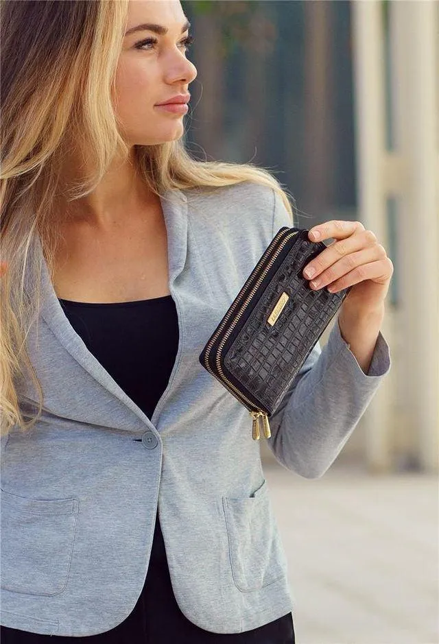 Black Pleather Vegan Wallet with Esme Double Zipper by La Enviro