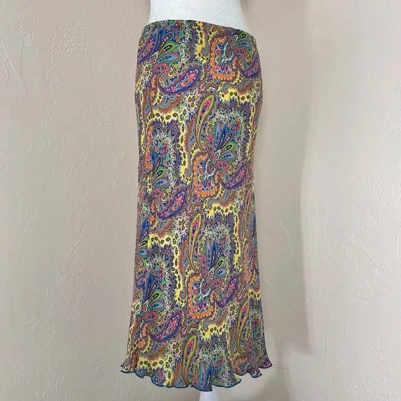 Boston Proper Silk Multicolor Paisley 90s Y2K Style Midi Skirt Size M