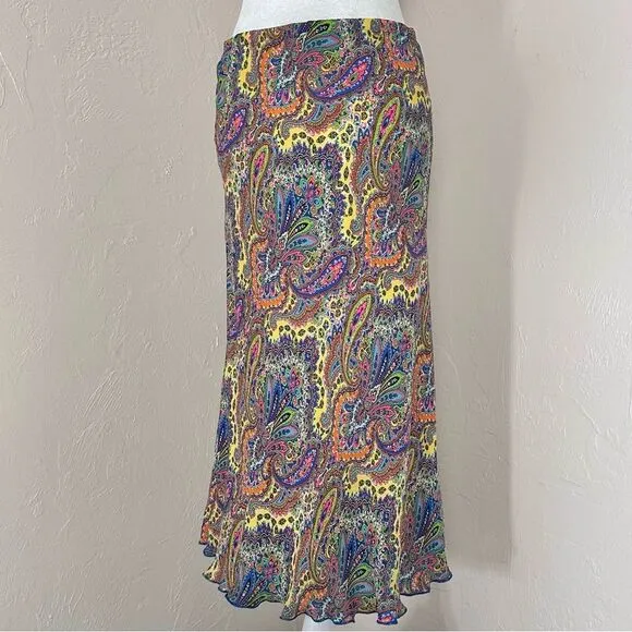 Boston Proper Silk Multicolor Paisley 90s Y2K Style Midi Skirt Size M