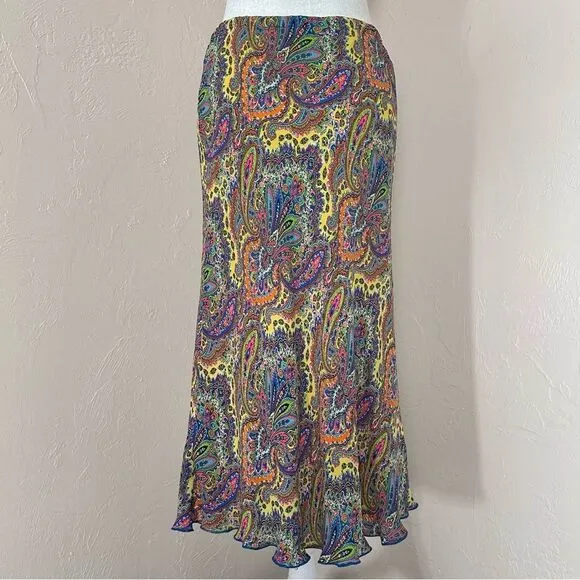 Boston Proper Silk Multicolor Paisley 90s Y2K Style Midi Skirt Size M