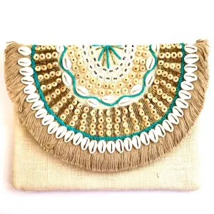 Burlap Fringe   Shell Clutch