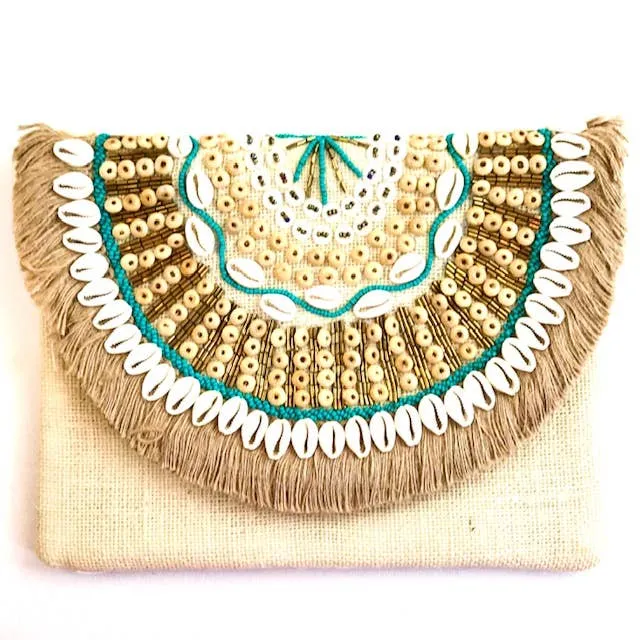 Burlap Fringe   Shell Clutch