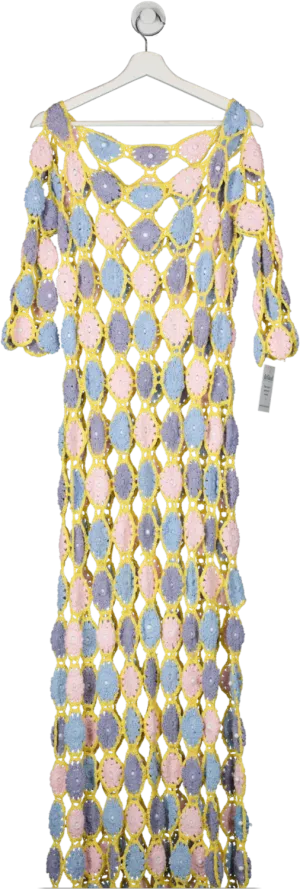 Celia B Yellow Long Patterned Pastel Crochet Dress With Split Sides UK L