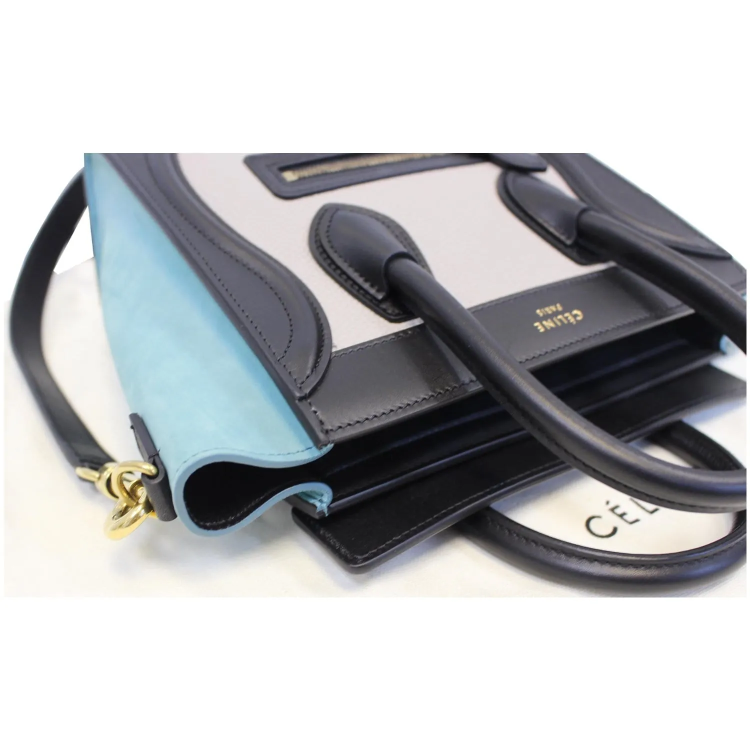 CELINE Nano Luggage Calfskin Leather and Suede Crossbody Bag Tricolor