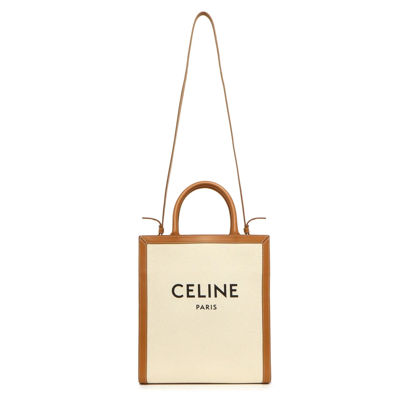Celine Natural Tan Canvas Calfskin Logo Print Small Vertical Cabas