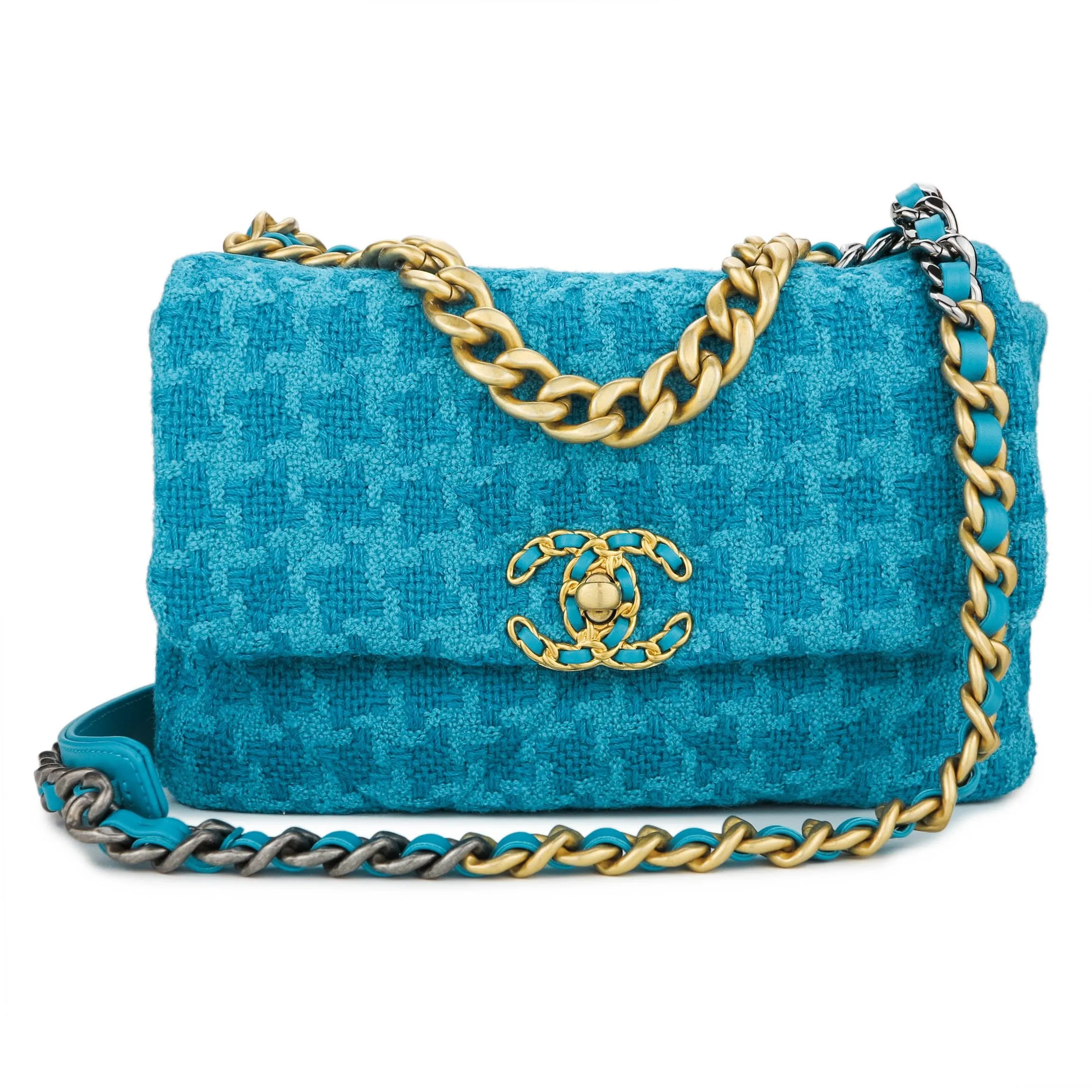 CHANEL 19 Small Flap Bag in Turquoise Houndstooth Tweed
