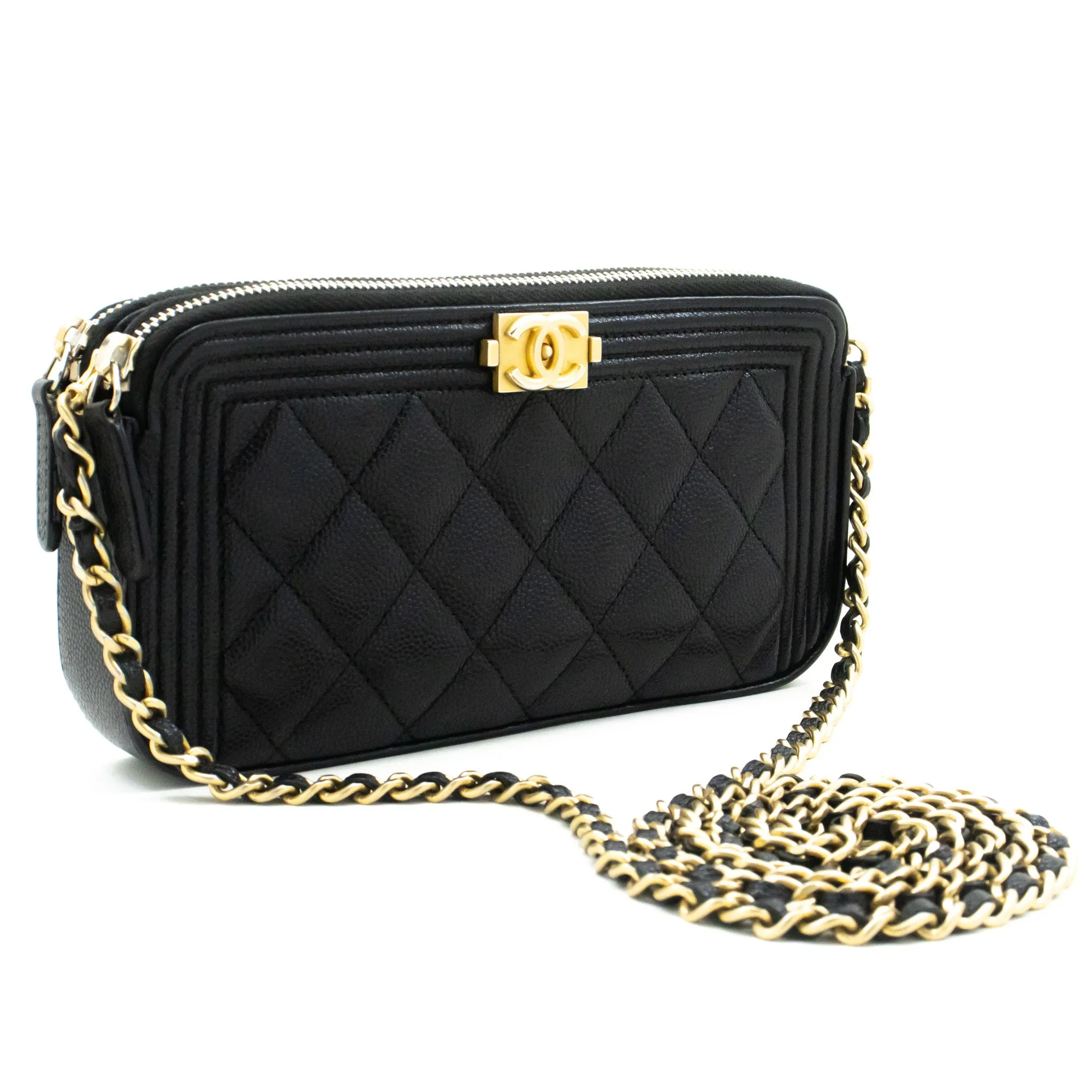 CHANEL Boy Black Caviar Wallet On Chain WOC Double Zip Shoulder n35
