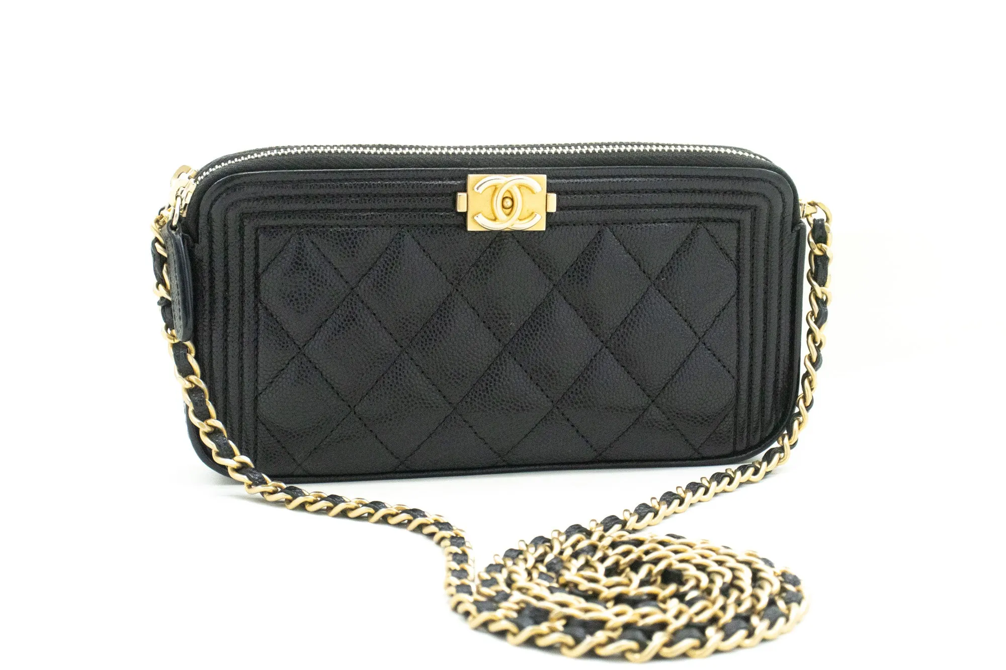 CHANEL Boy Black Caviar Wallet On Chain WOC Double Zip Shoulder n35