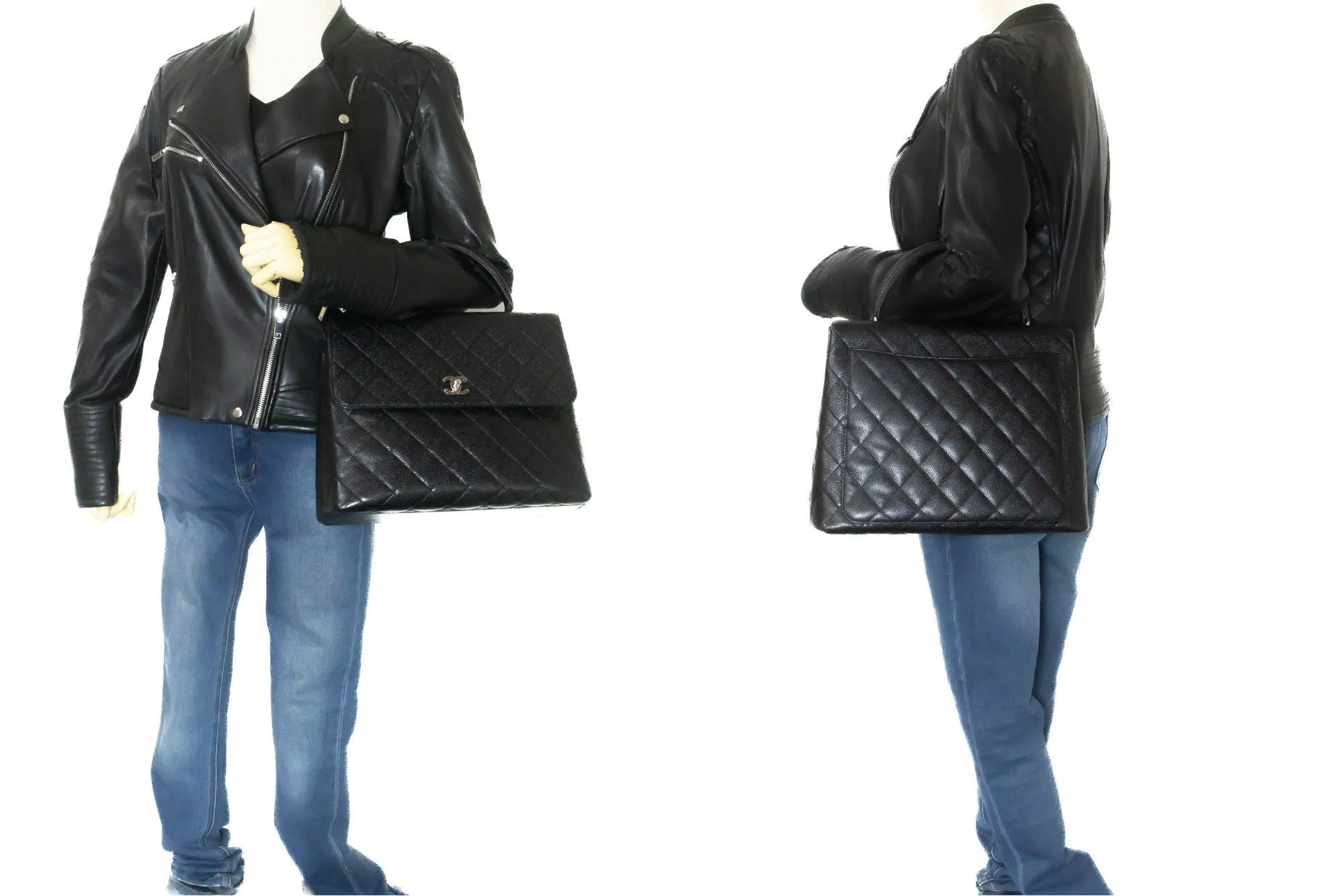 CHANEL Grained Calfskin Handbag Top Handle Bag Kelly Black Flap p08