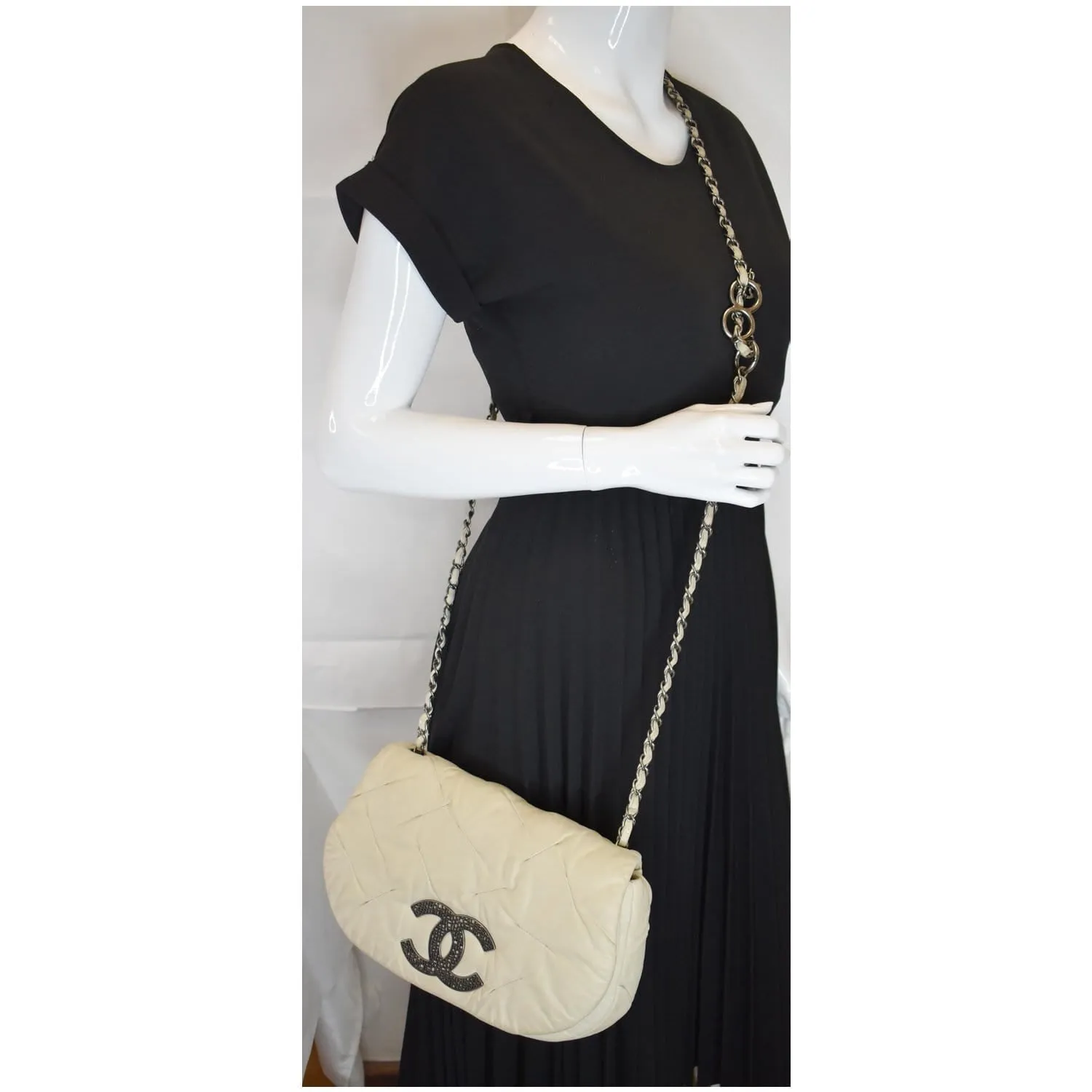 CHANEL Iridescent Calfskin Leather Crossbody Bag Beige