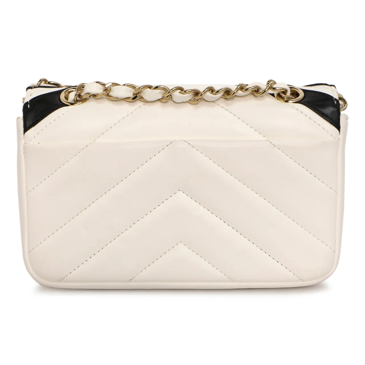 Chanel White Black Chevron Lambskin Stitched Mini Flap