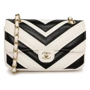 Chanel White Black Chevron Lambskin Stitched Mini Flap