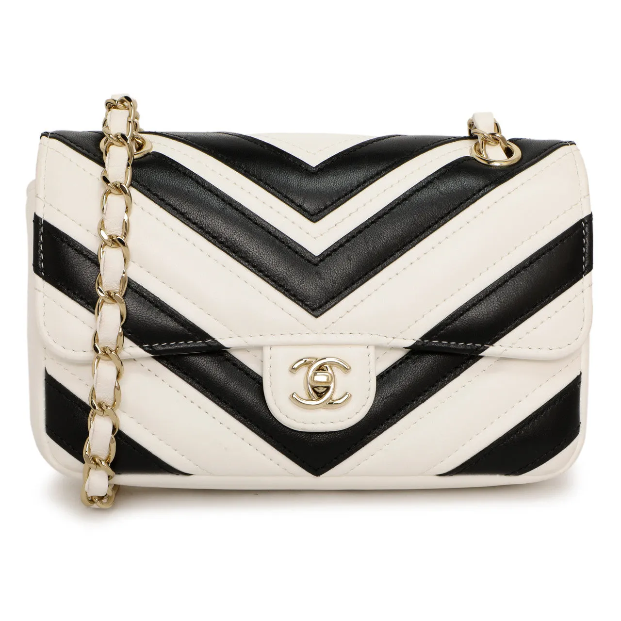 Chanel White Black Chevron Lambskin Stitched Mini Flap