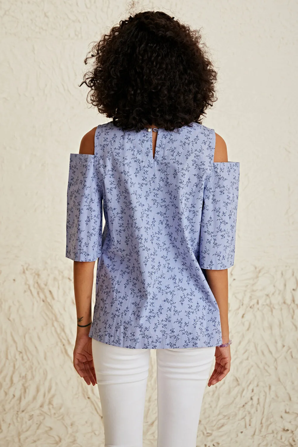 Check Floral Cold Shoulder Top