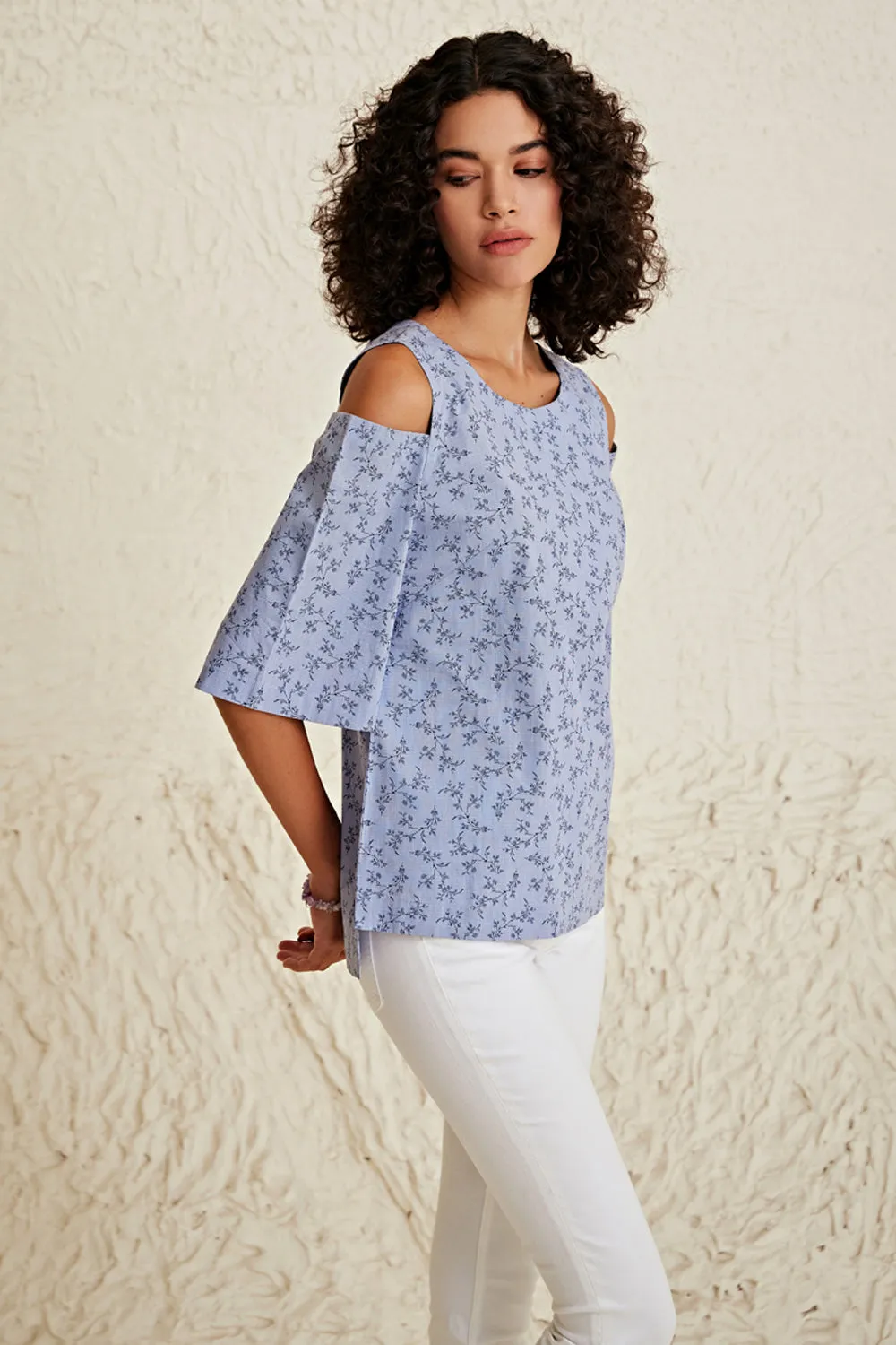 Check Floral Cold Shoulder Top