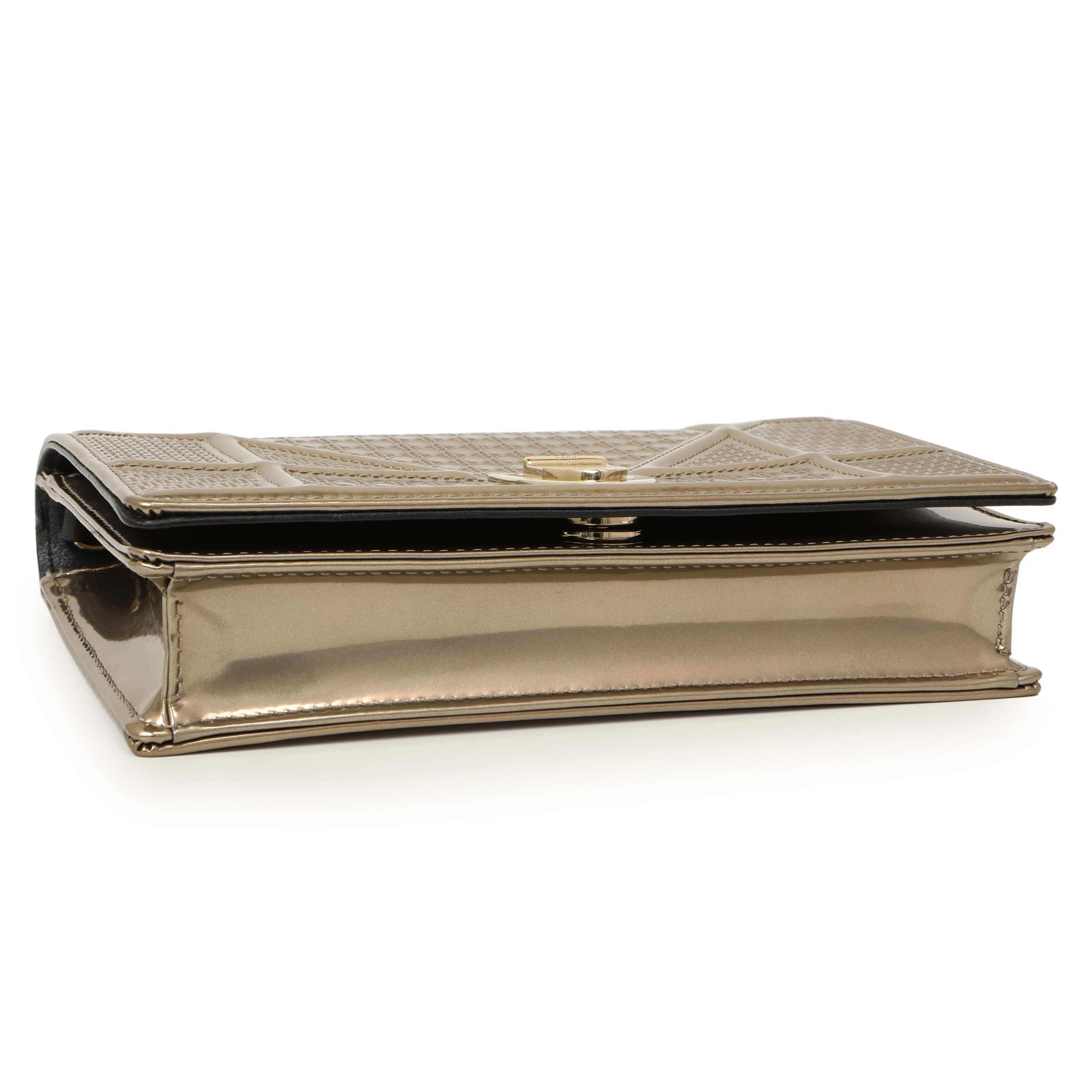 Christian Dior Metallic Gold Patent Micro Cannage Diorama Wallet on Chain