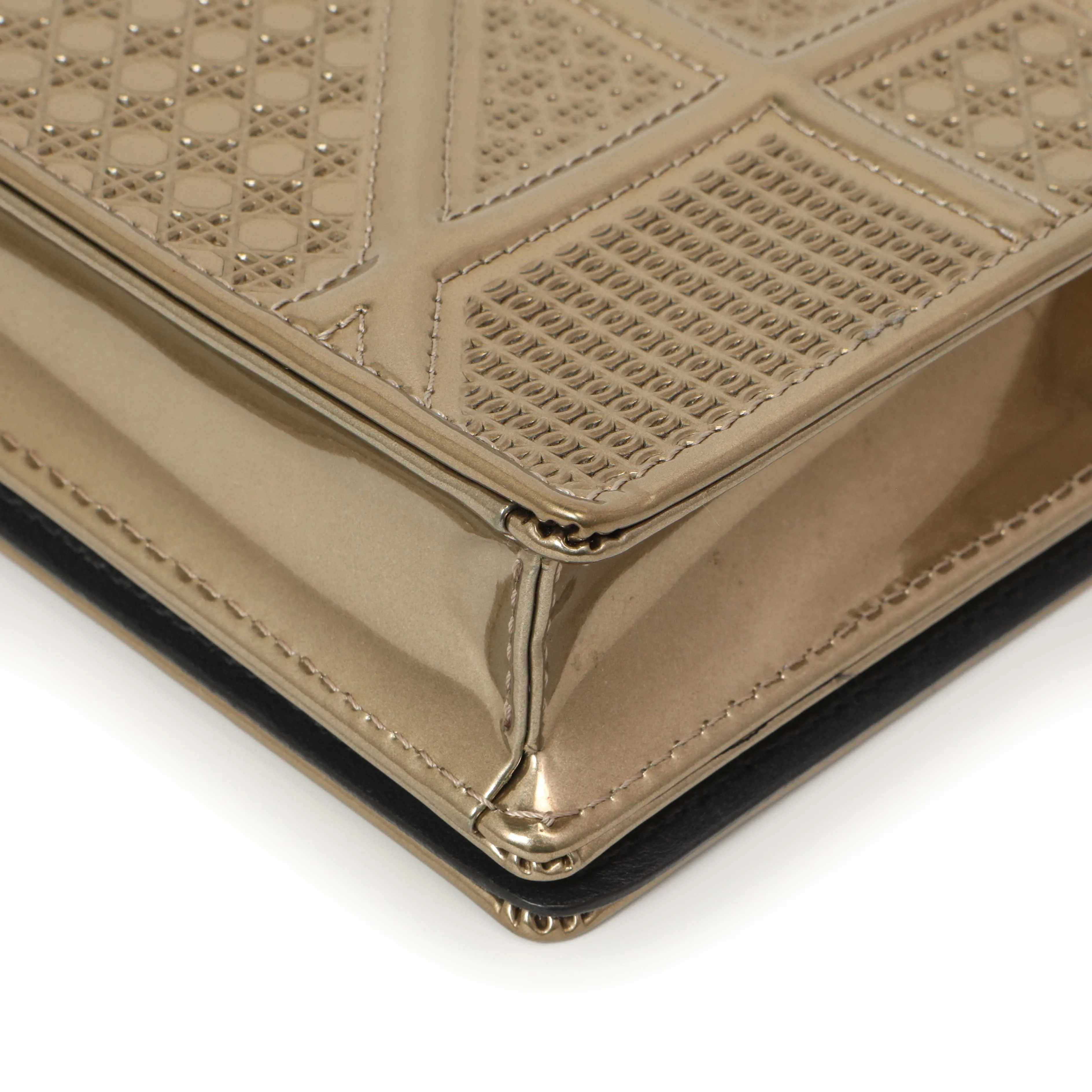 Christian Dior Metallic Gold Patent Micro Cannage Diorama Wallet on Chain