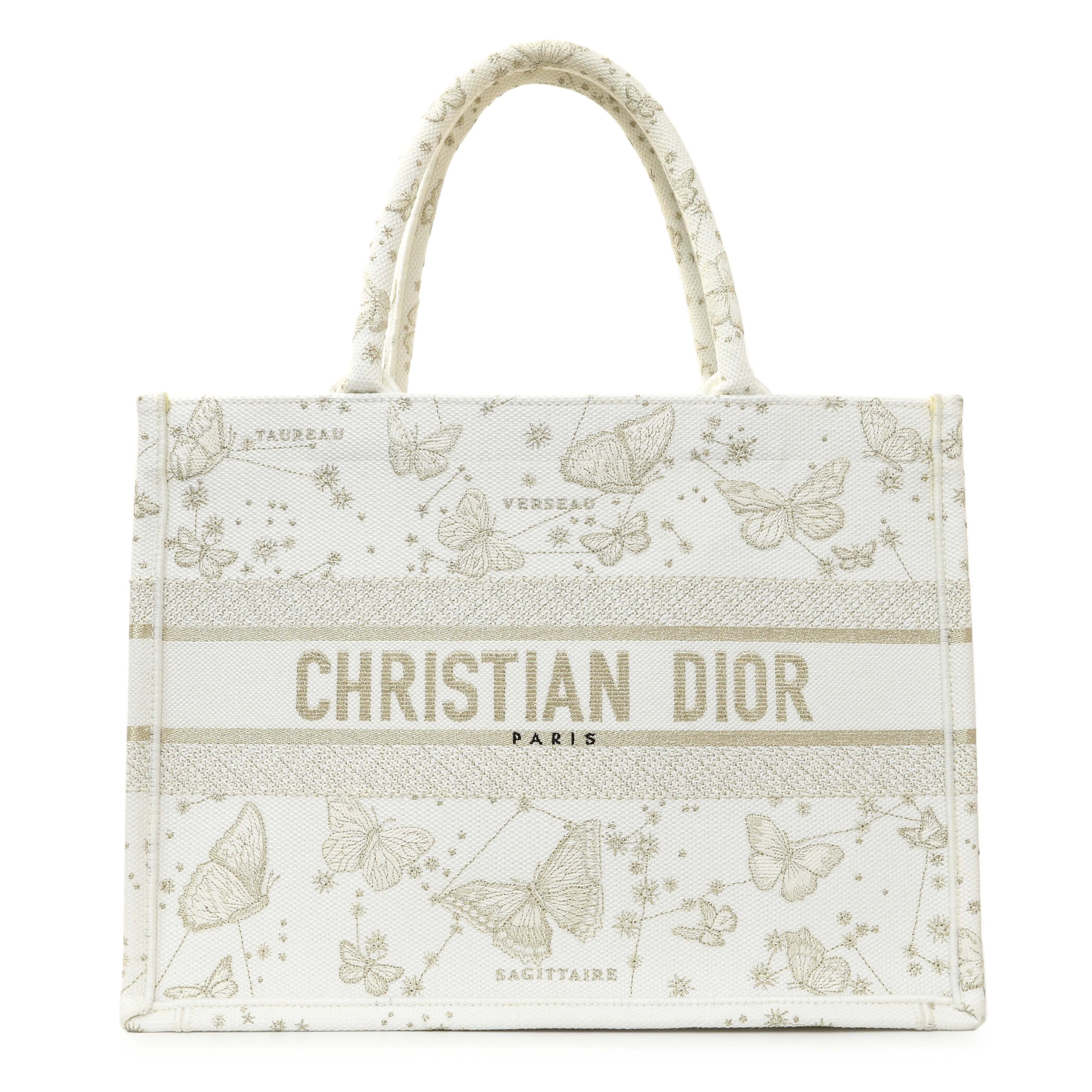 Christian Dior White Gold Canvas Embroidered Medium Zodiac Print Book Tote