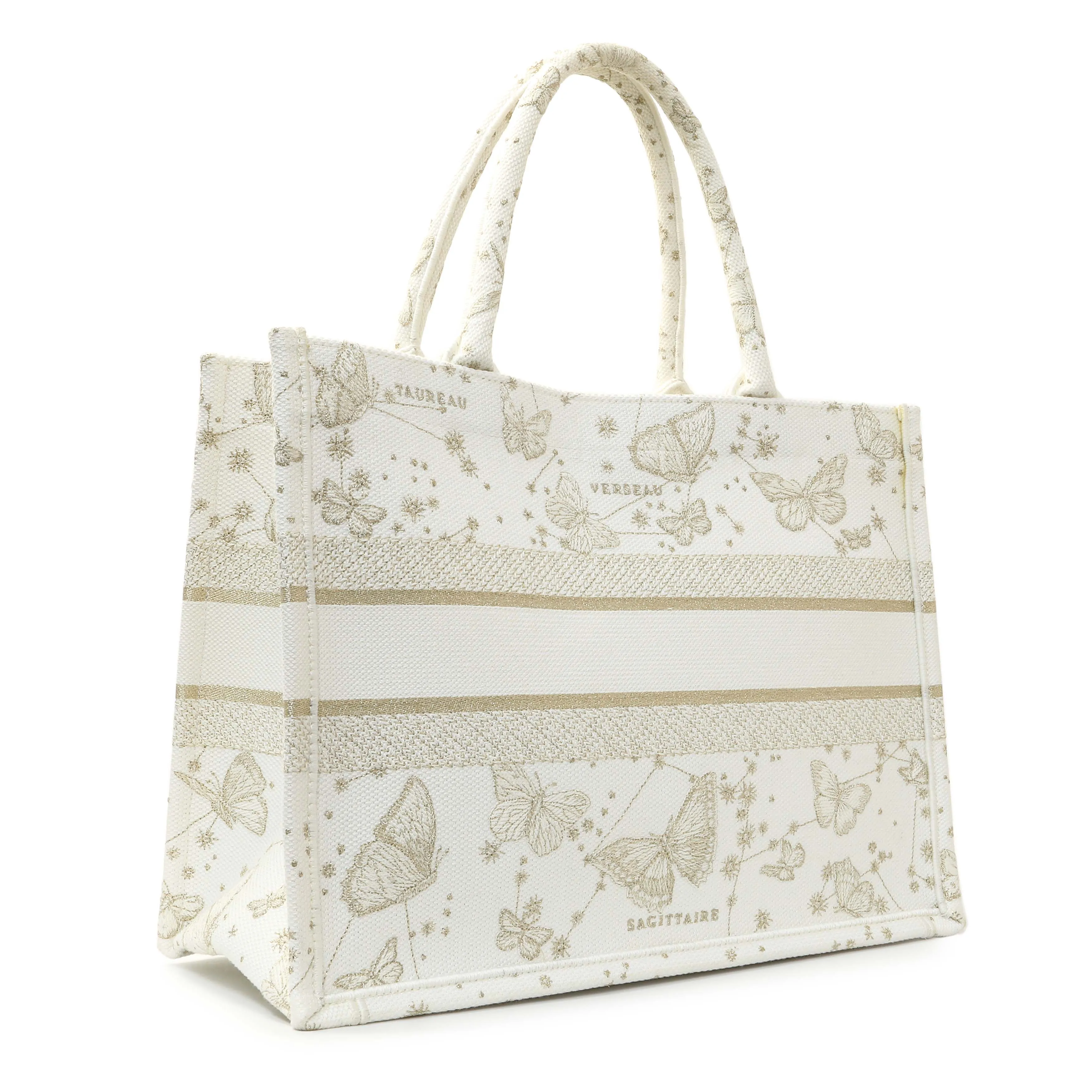Christian Dior White Gold Canvas Embroidered Medium Zodiac Print Book Tote